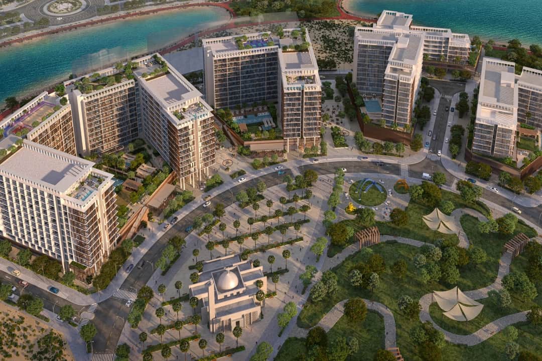 Aerial view of modern buildings with parks and walking paths