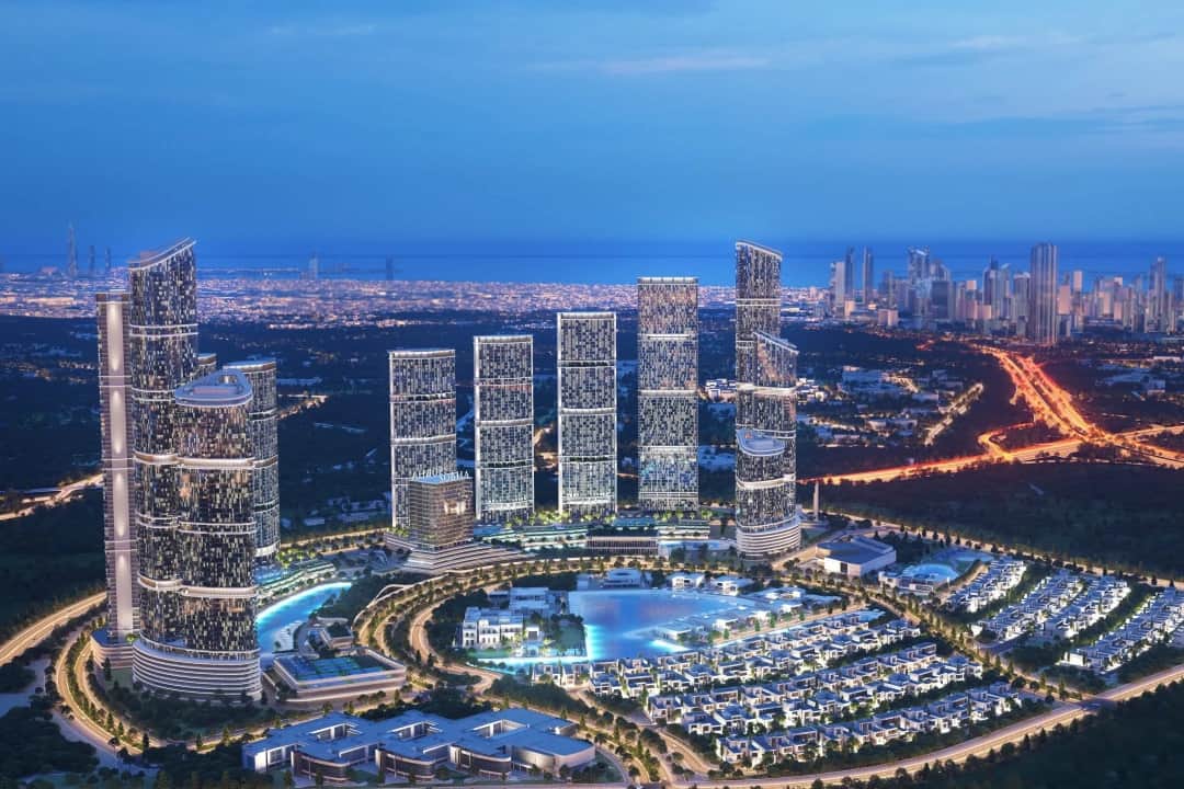 Aerial view of futuristic towers, villas, and cityscape