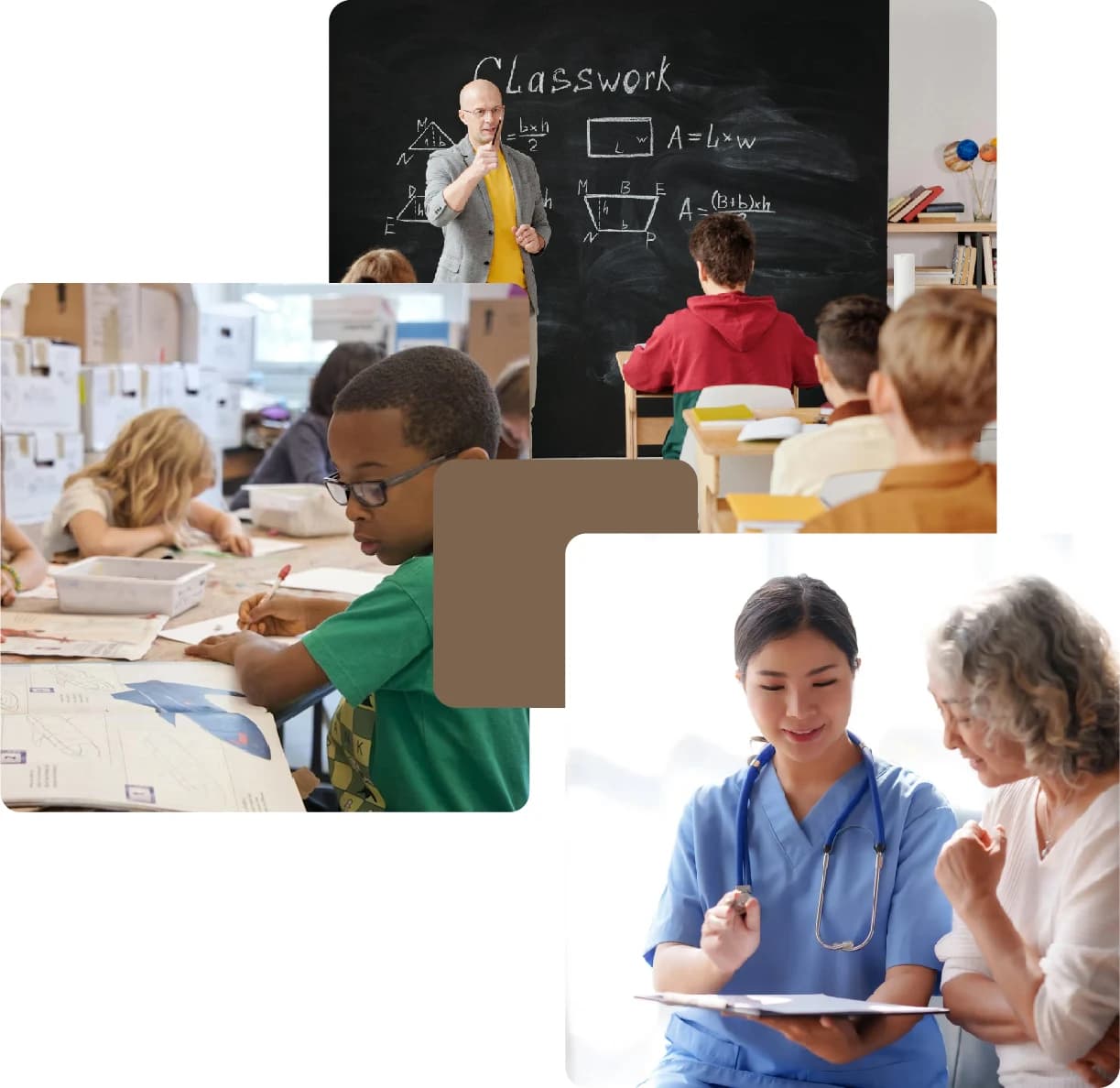 Students in class and caring healthcare workers