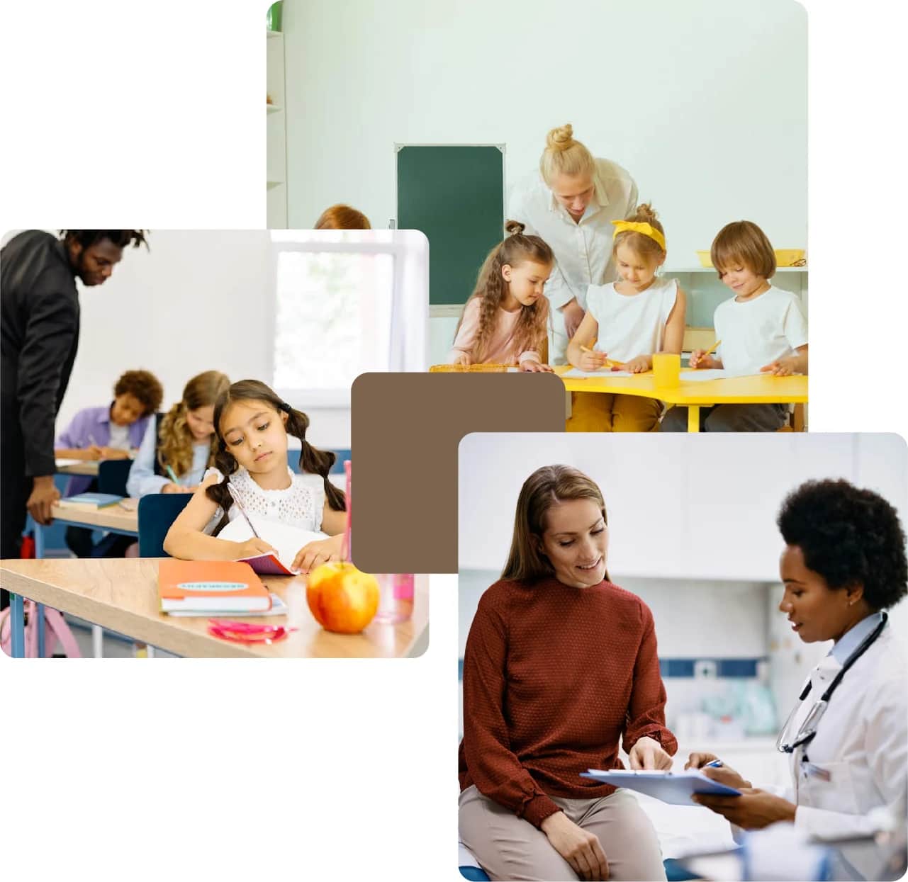 Children learning and doctor consulting patient