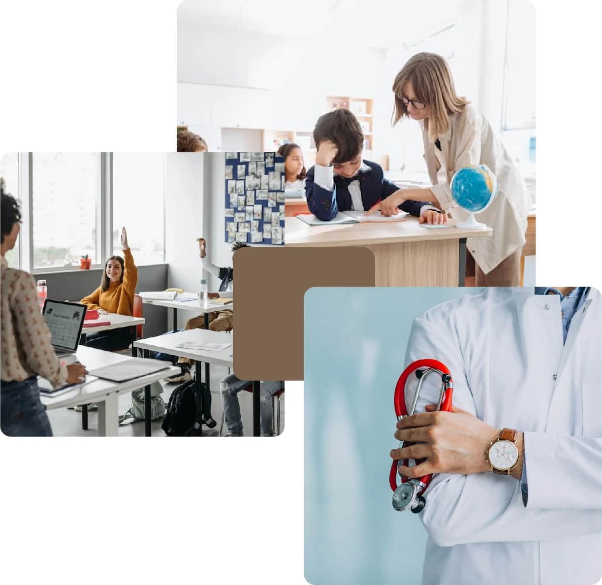 Students learning, doctor holding stethoscope