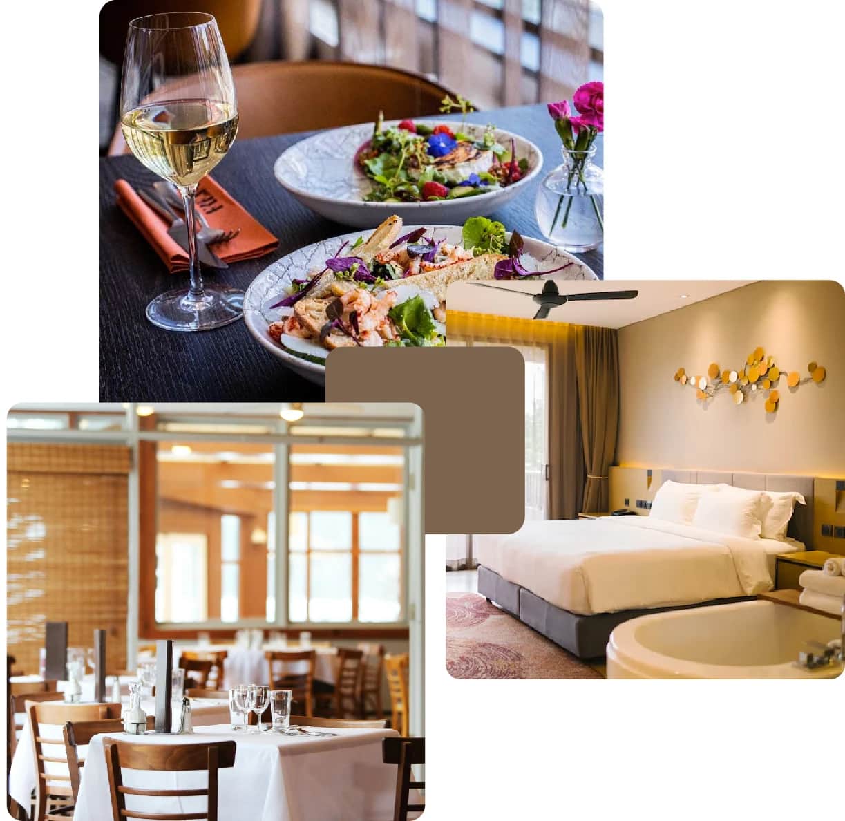Elegant dining setups and cozy hotel room view