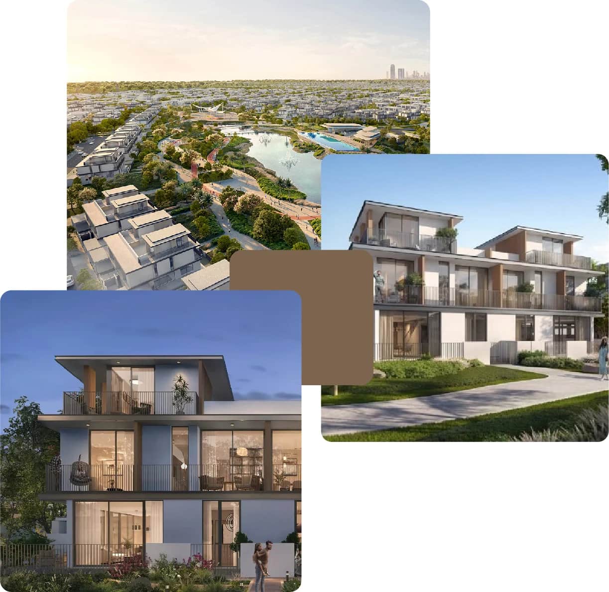 Modern townhouses surrounded by green walkways