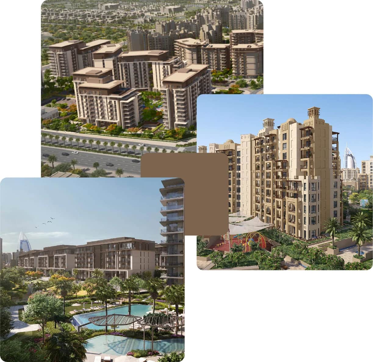 Modern mid-rise apartments with pools and trees
