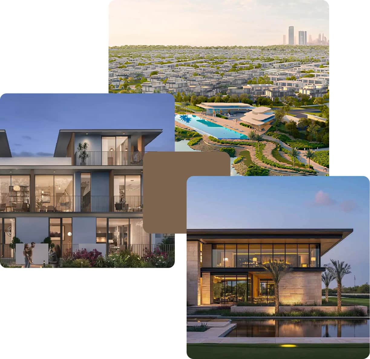 Stylish villas and a modern clubhouse at sunset