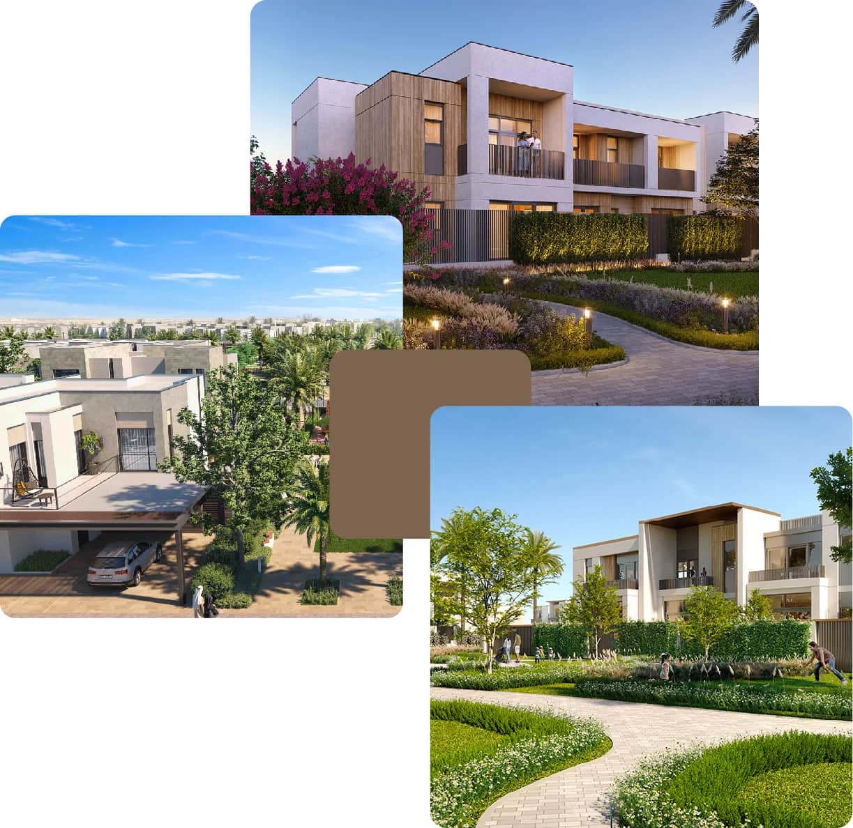 Modern villas with landscaped pathways and greenery