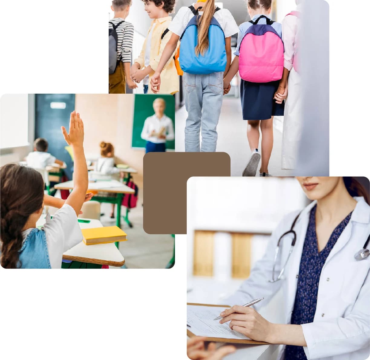 Children in class, walking, and a doctor writing