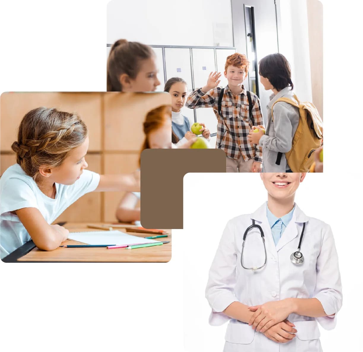 Children in classroom and healthcare professional in office