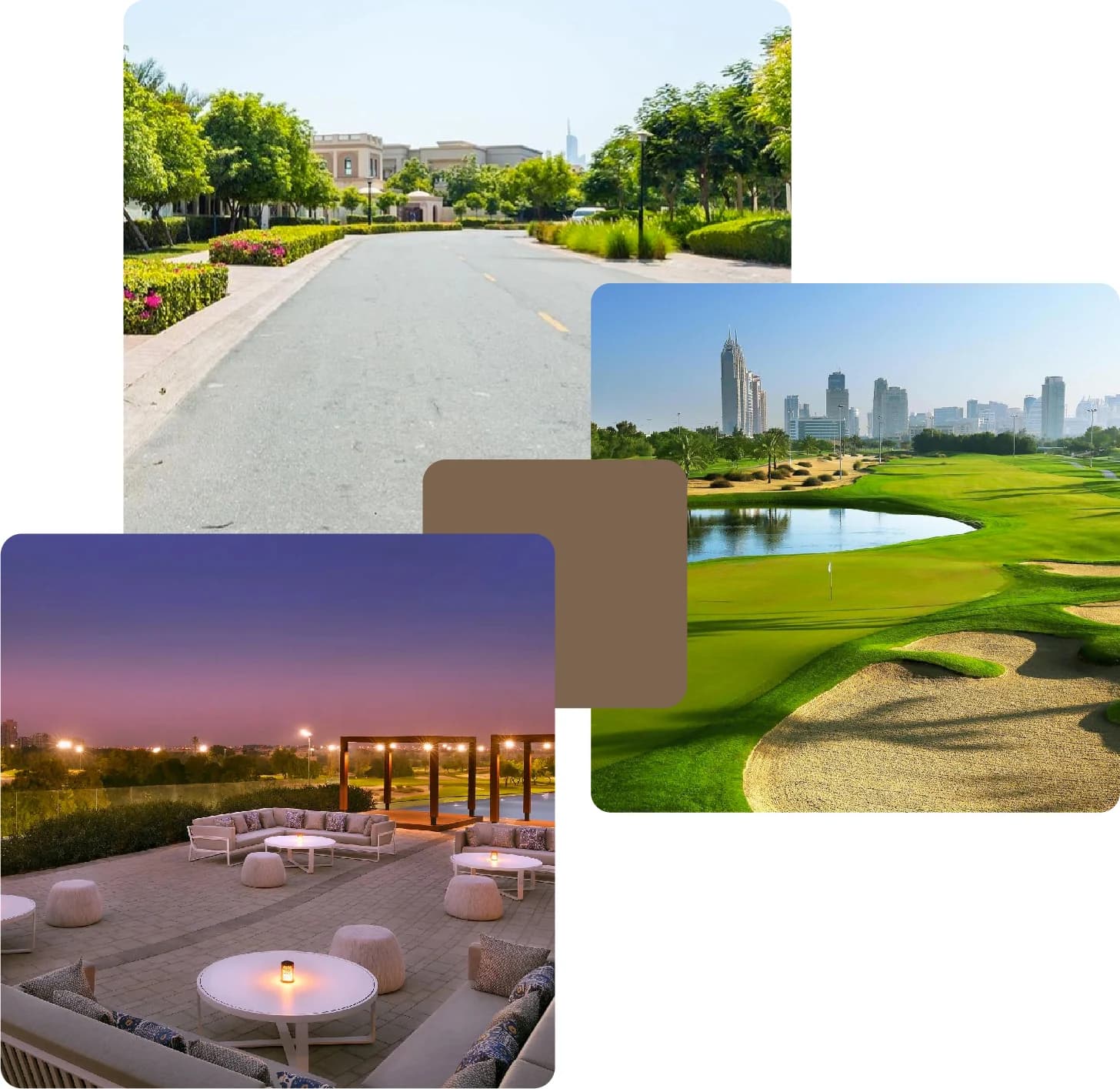 Tree-lined roads, golf views, and sunset terrace