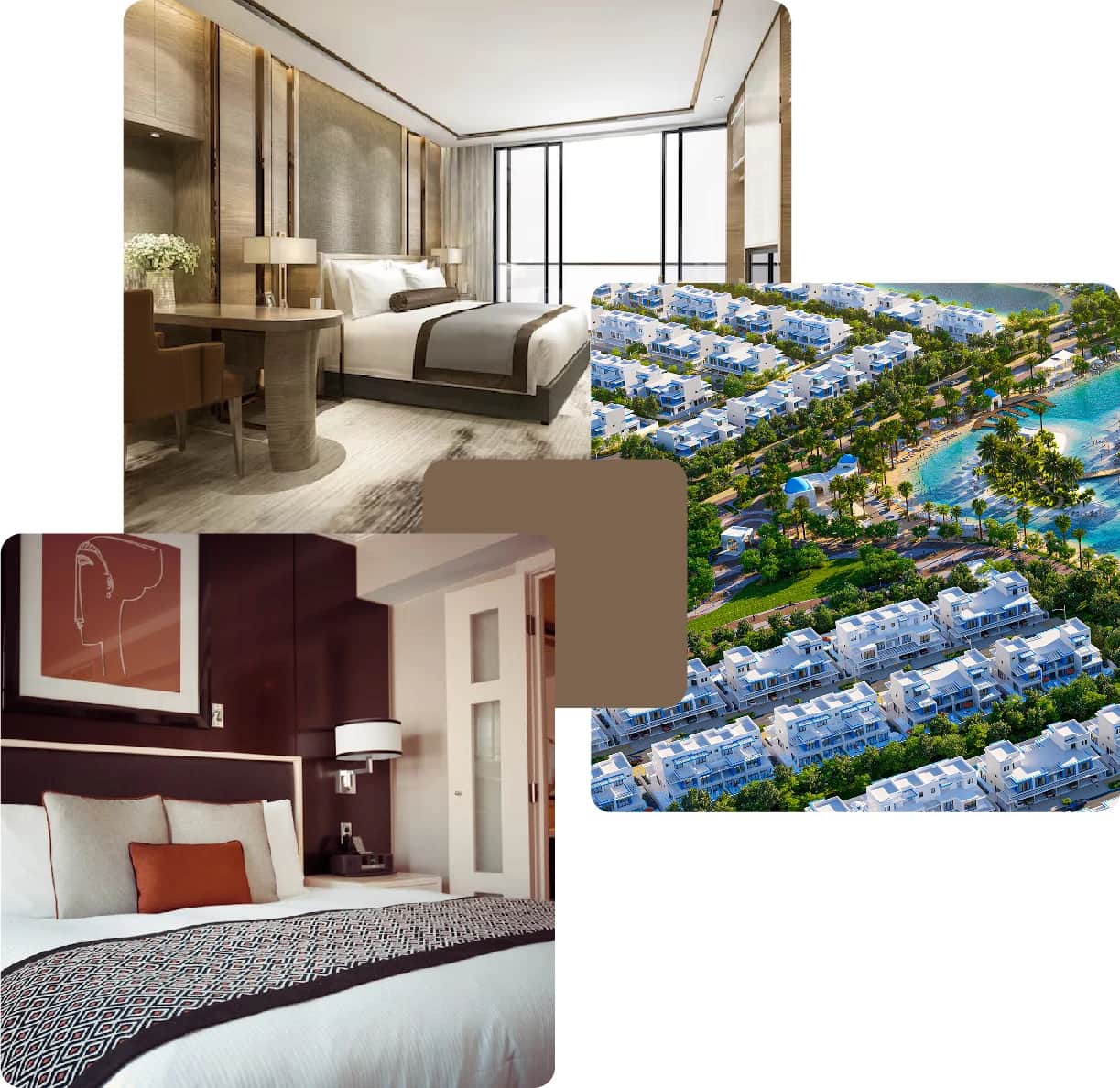 Luxury bedrooms and aerial view of a waterfront villa community