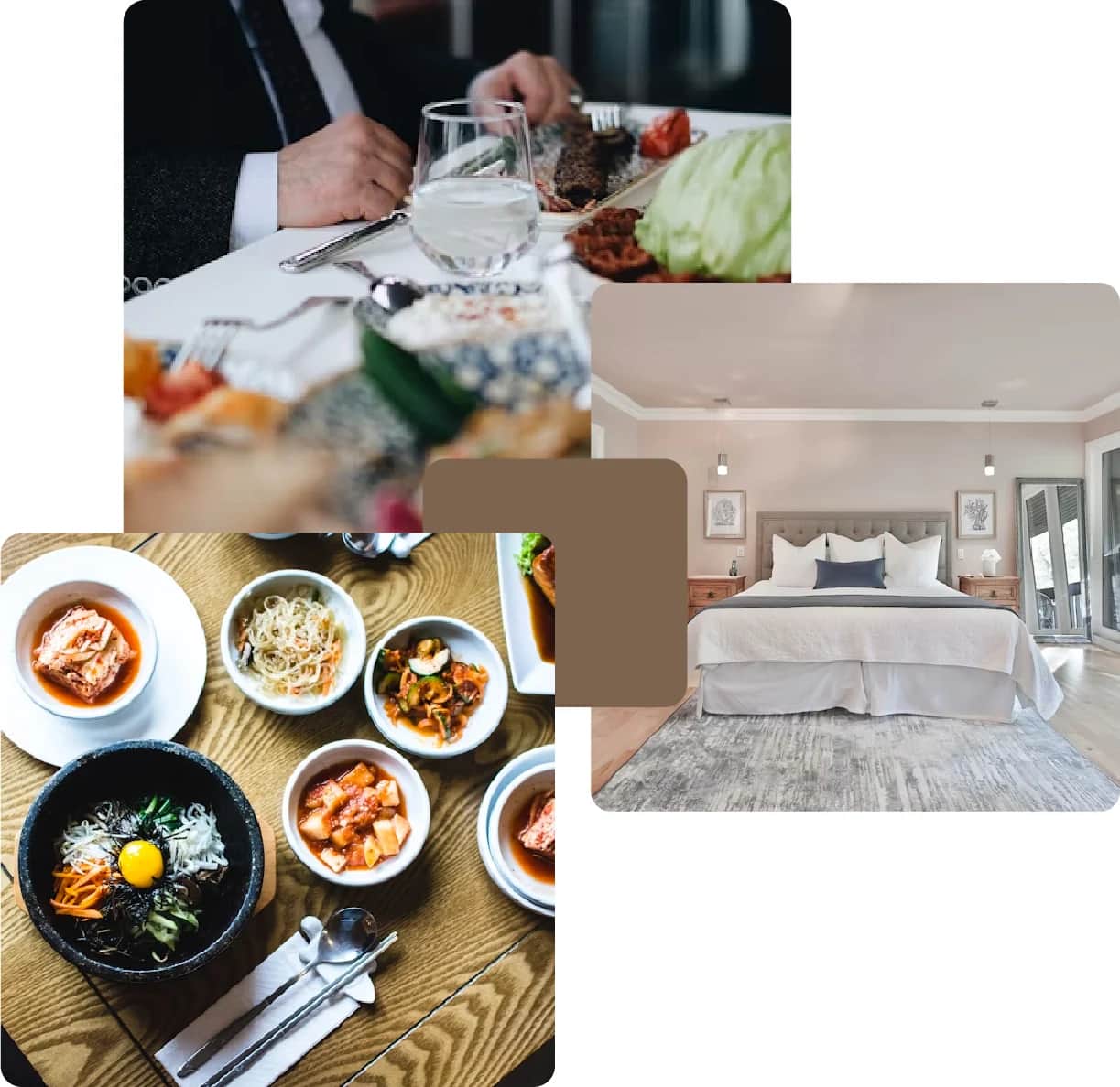Dining table with food, plates, and a luxurious hotel room