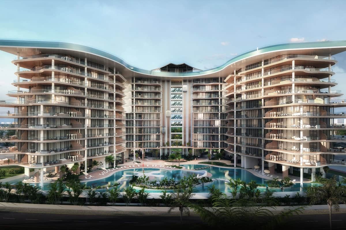 Contemporary residential building with curved design and pool