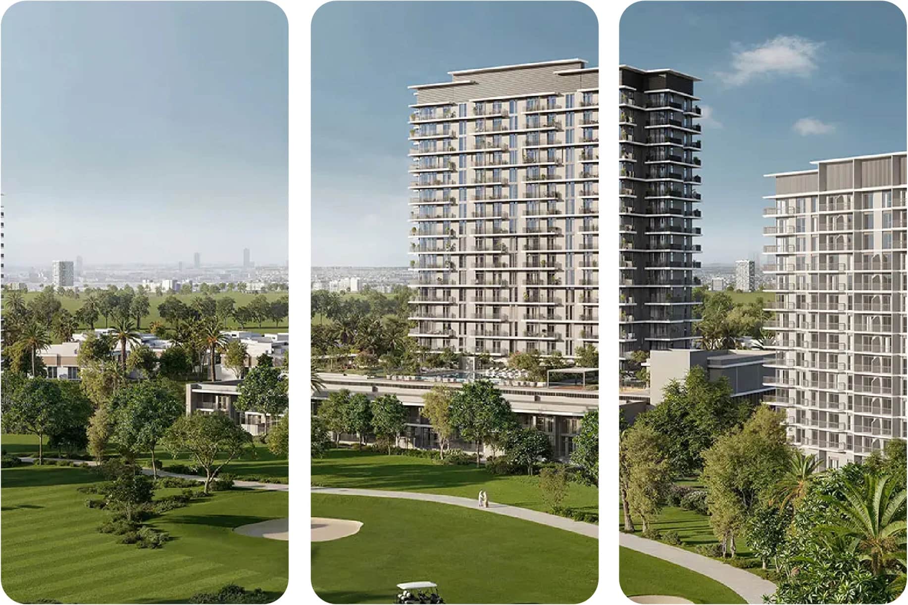 Residential complex with golf course and blue skies