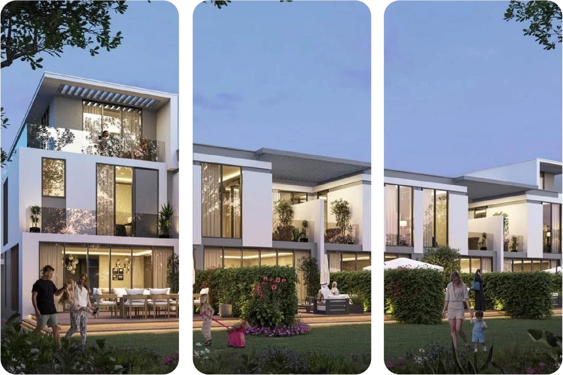 Modern luxury villa with cars parked and palm trees