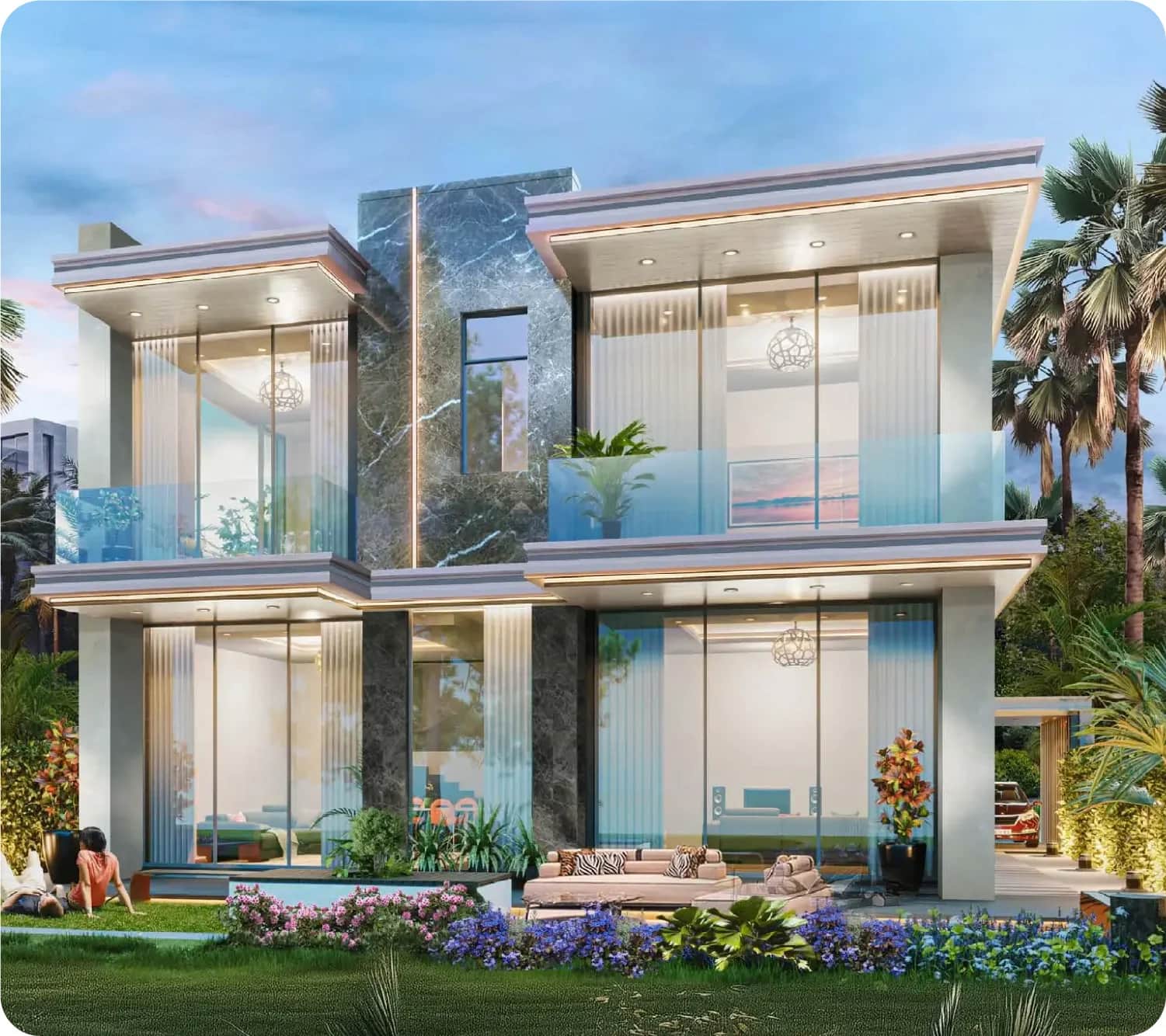 Aerial view of DAMAC Island with villas and water lagoons