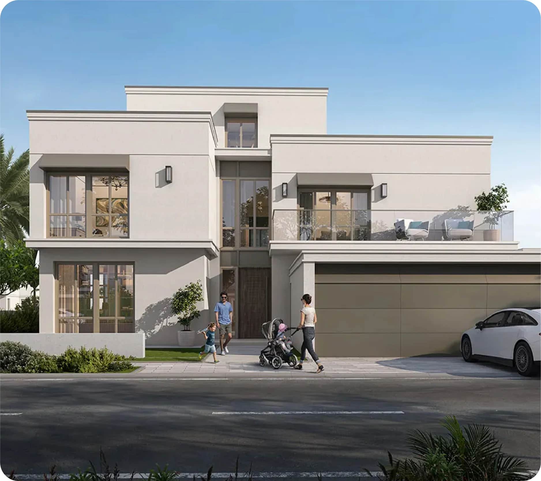 Luxury villas with water features and lush greenery