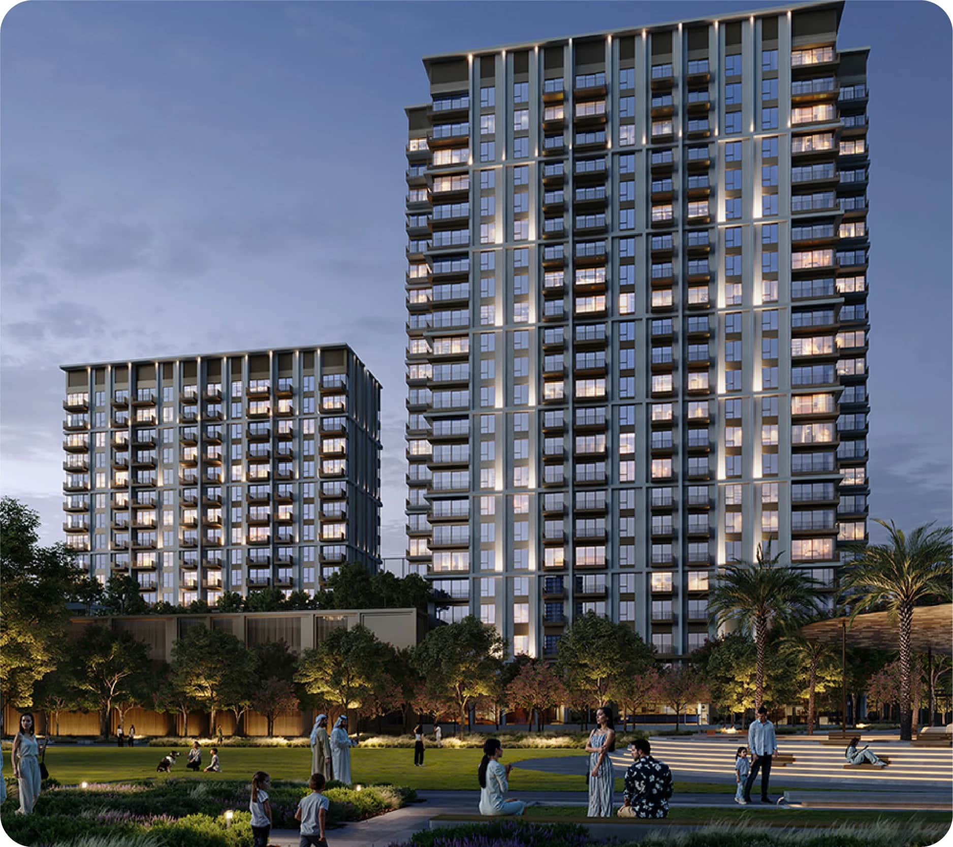 Modern towers with curved balconies and beach view