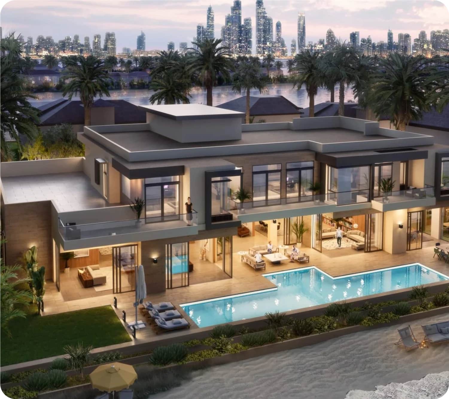 Aerial view of a modern resort with city skyline in the background