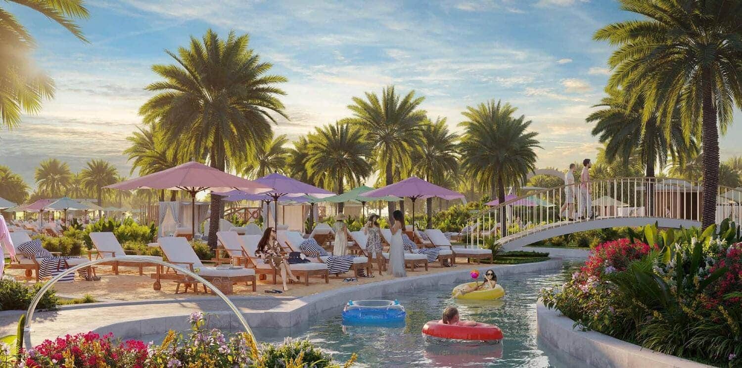 Luxury waterfront villas with lush green surroundings