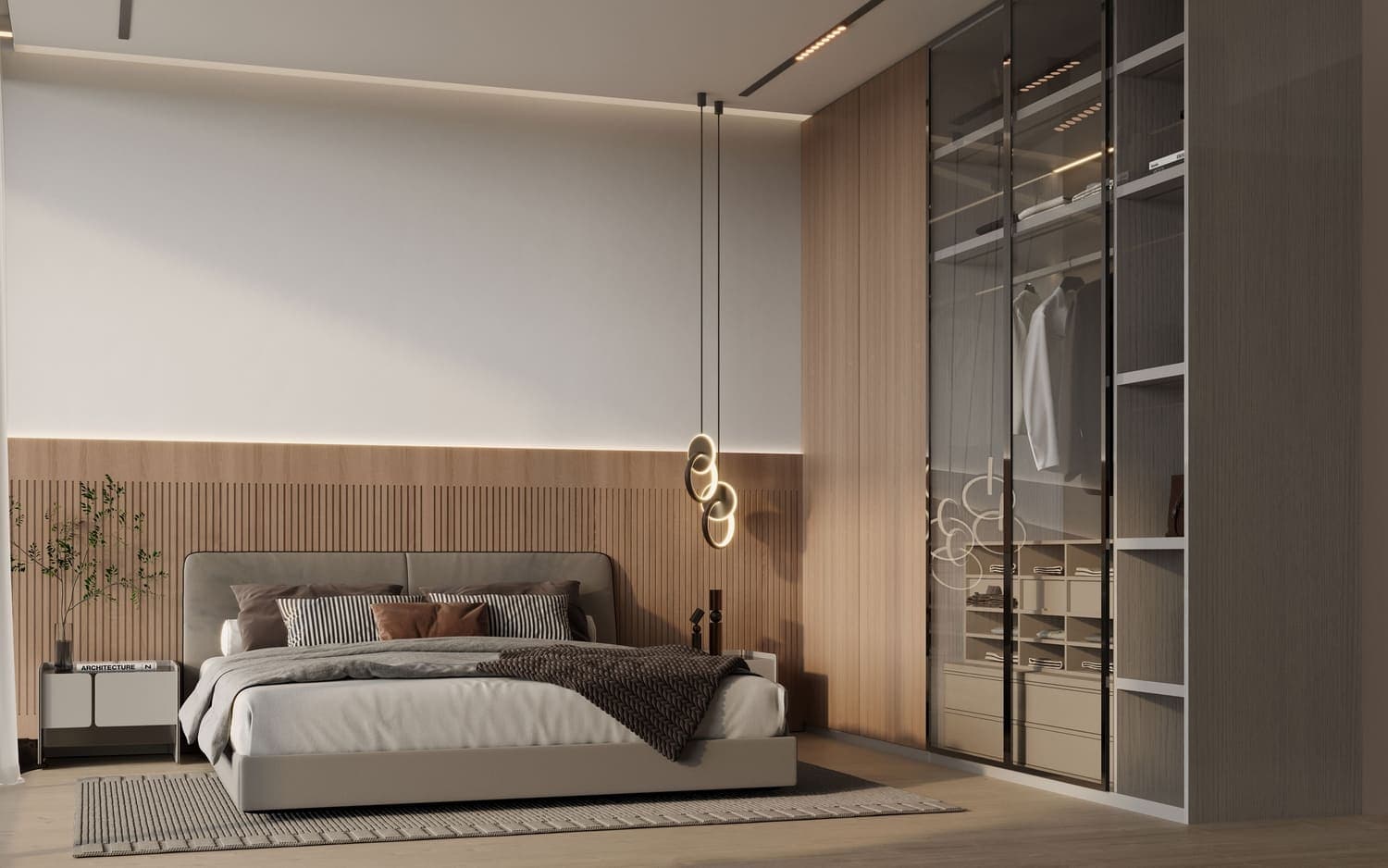 Stylish bedroom with a modern design and lighting features