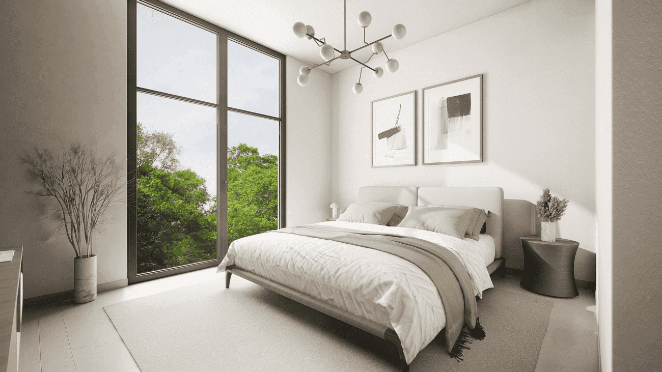 Modern bedroom with large windows and natural light
