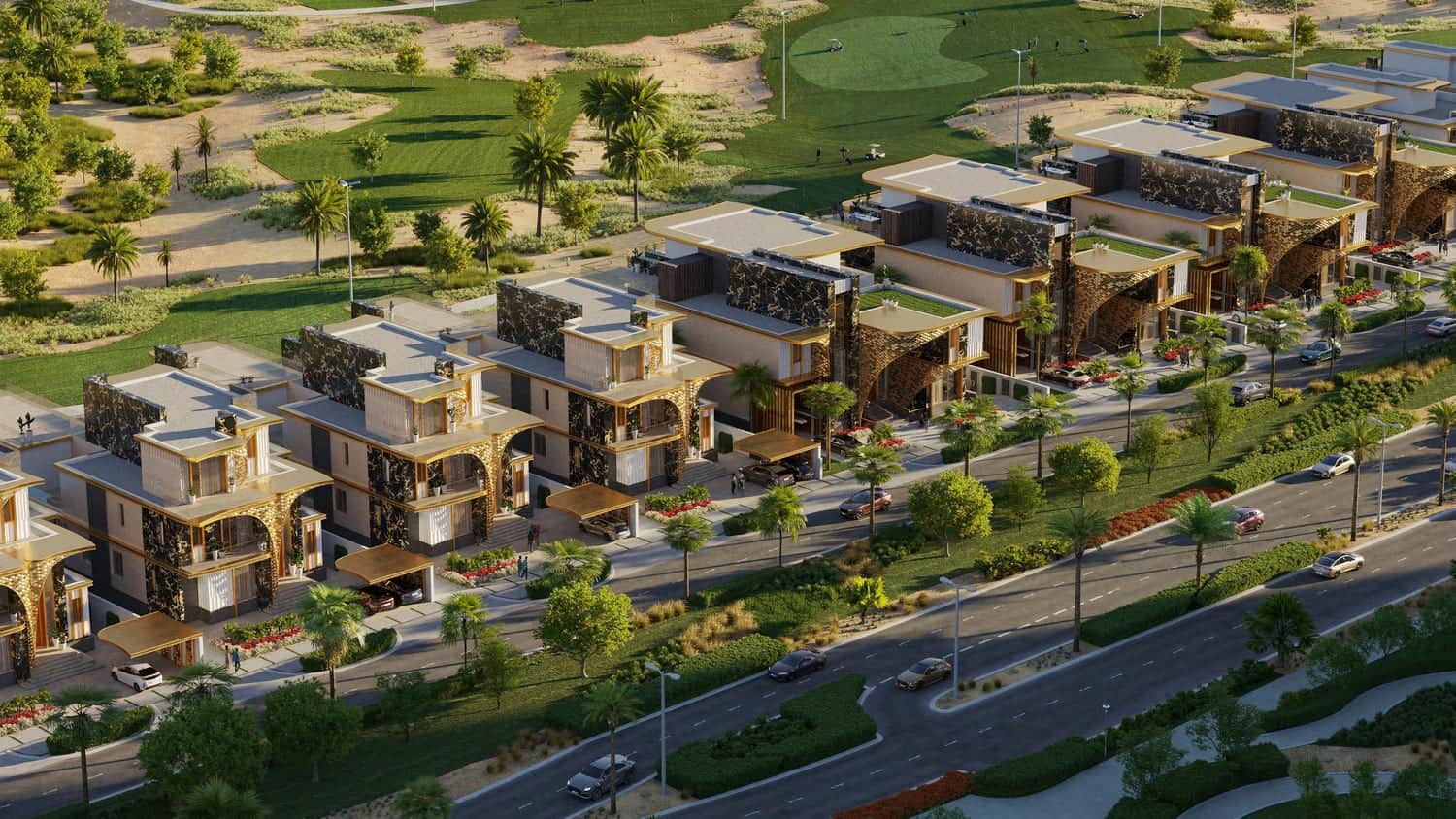 Luxury villas with modern architecture near a golf course