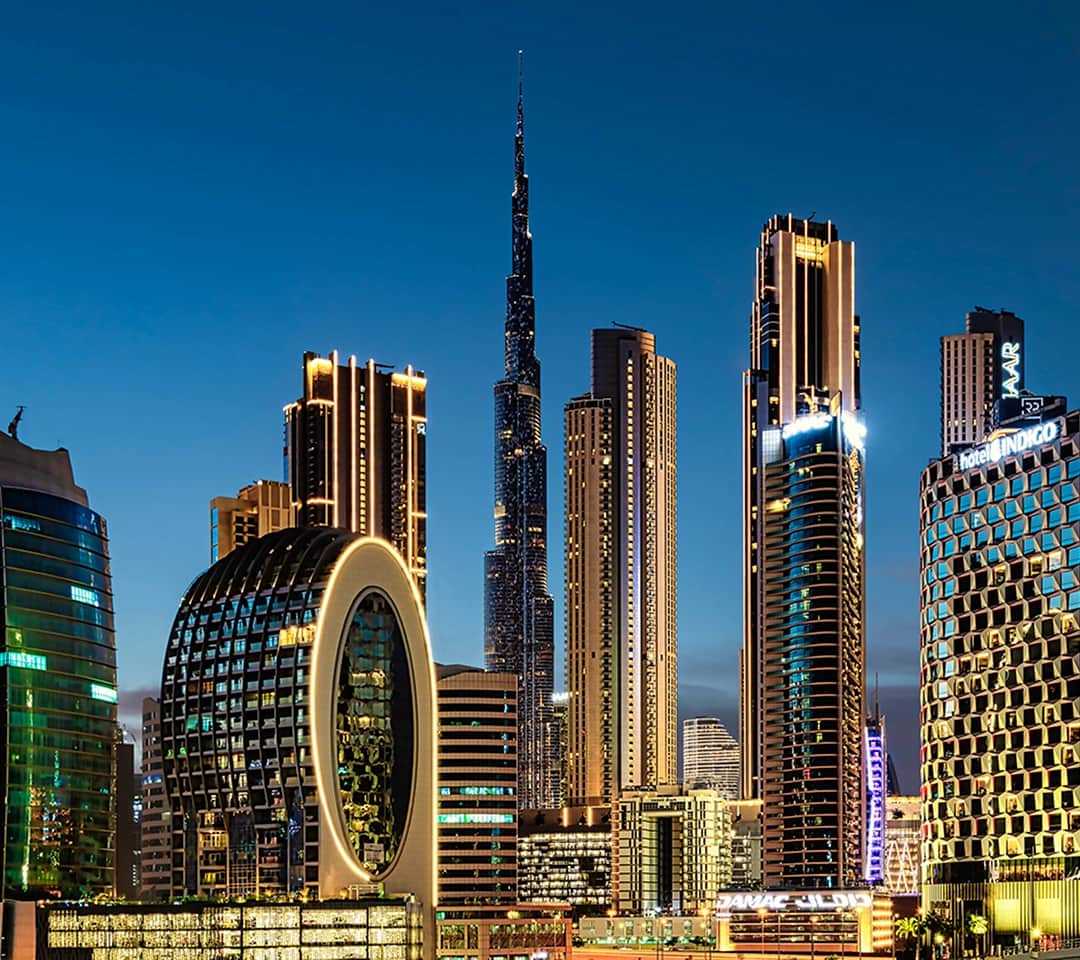 Dubai cityscape at night with Burj Khalifa view