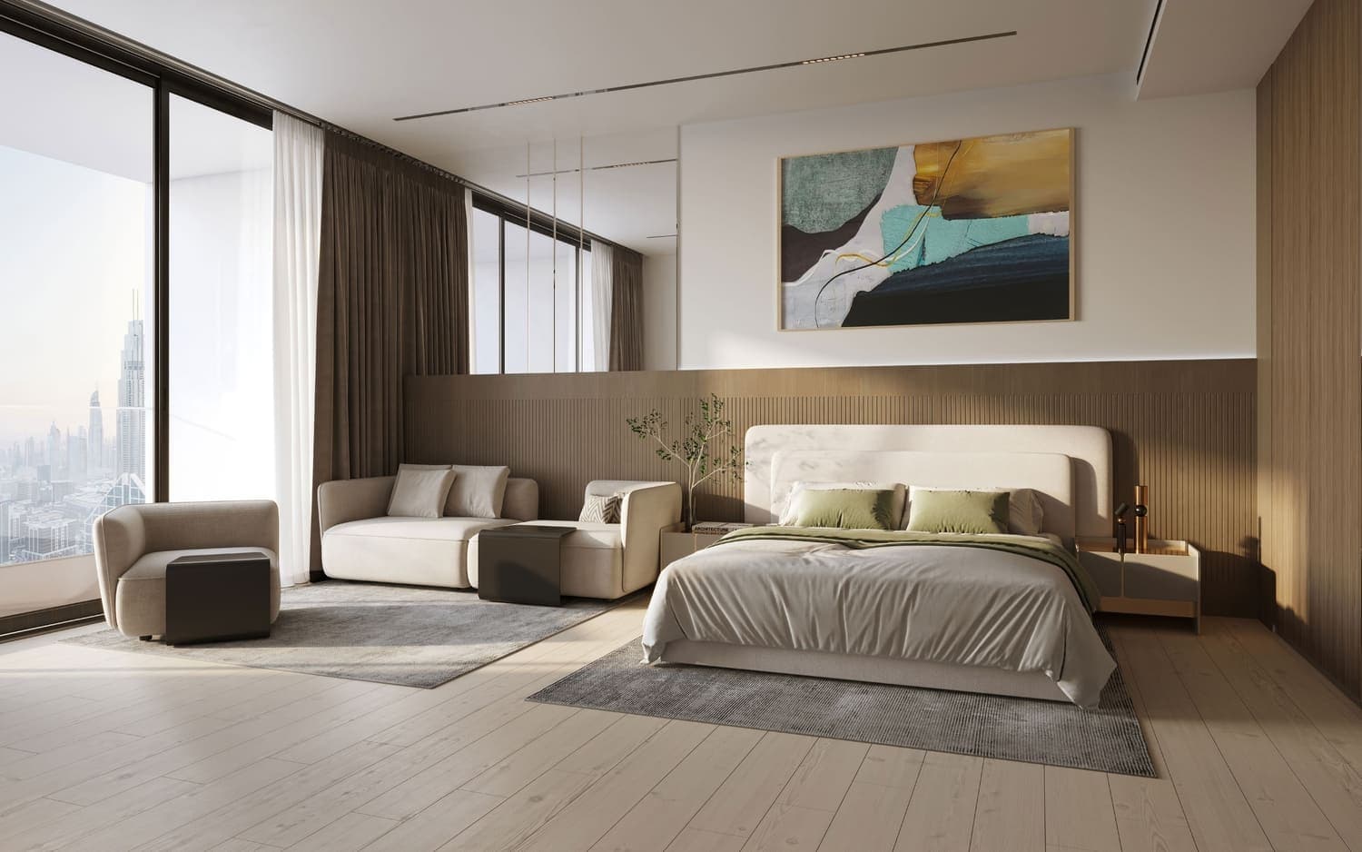 A serene bedroom with modern furniture and city views