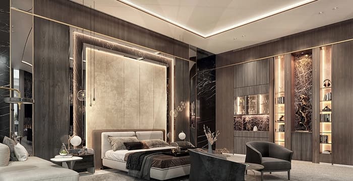 Sophisticated bedroom with dark wood and mini bar area