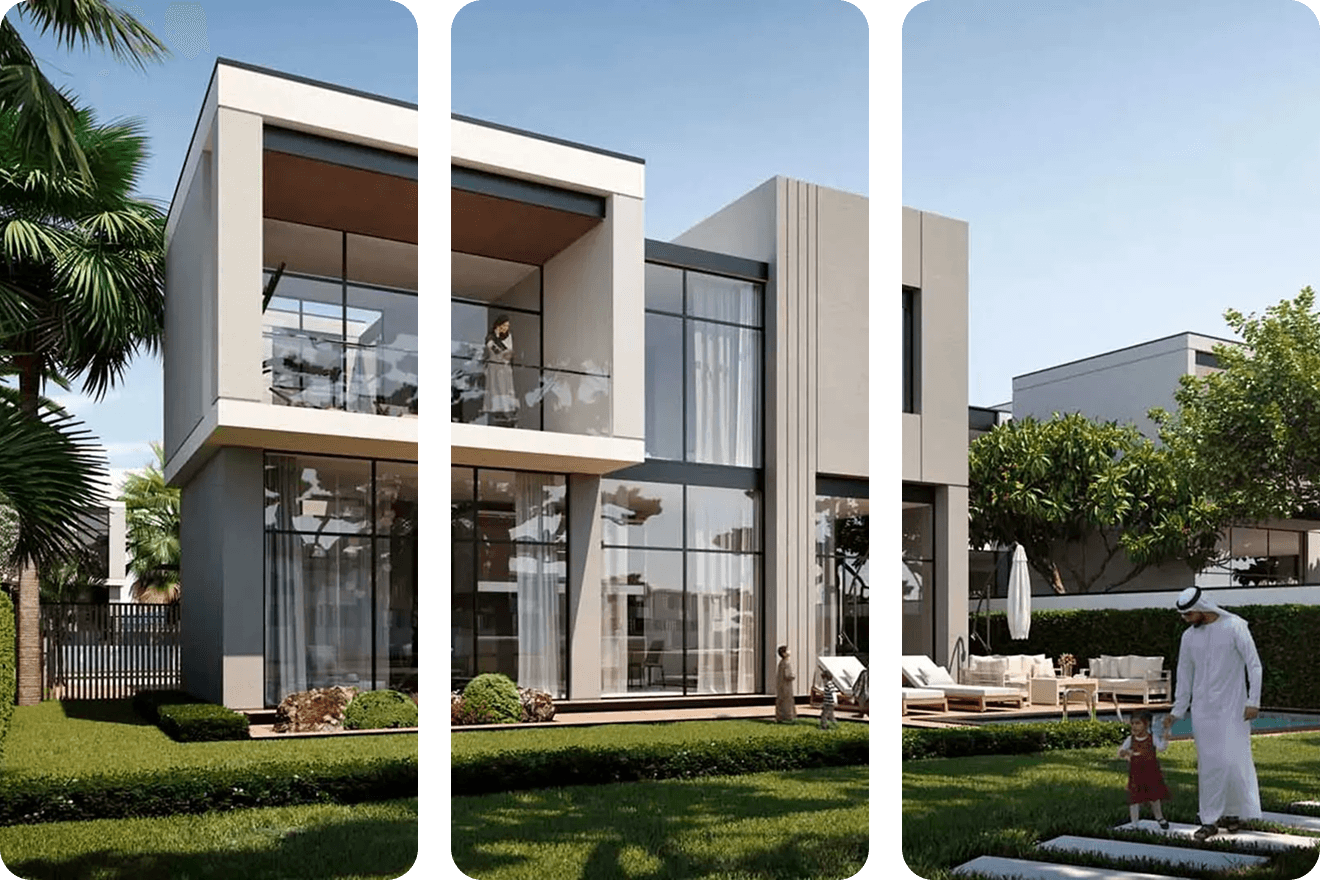 Modern residential buildings with central garden and parking