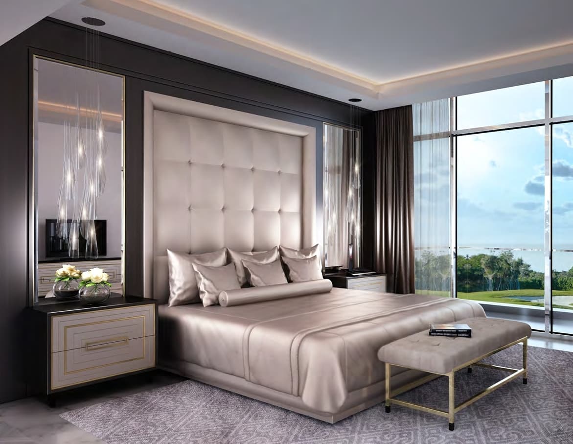 Opulent living room with large windows and modern lighting