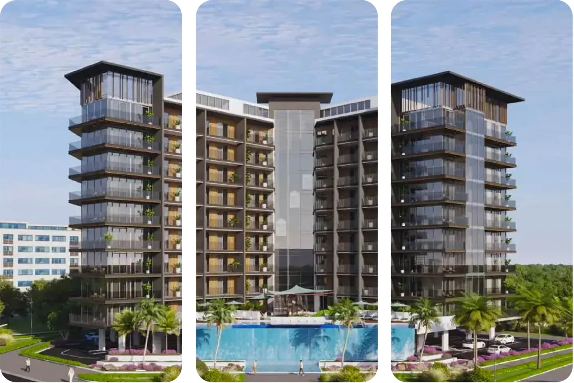 Stylish residential complex with large windows and palm trees
