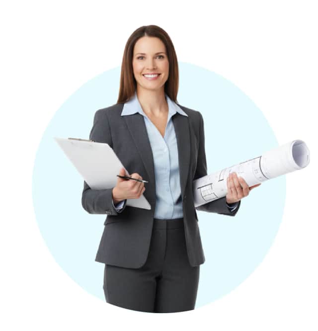 Smiling businesswoman holding clipboard and blueprints