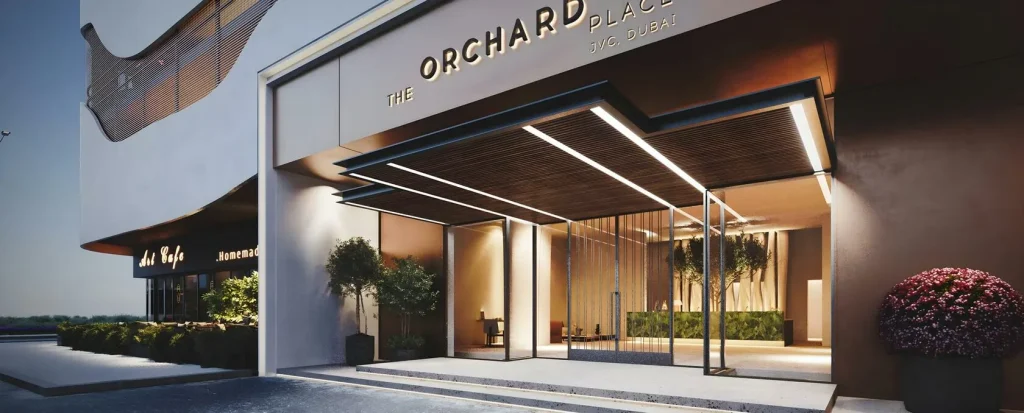 Main entrance of the orchard building place at Jumeriah village circle