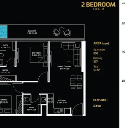 2 Bedroom floor plan in Bayz by Danube