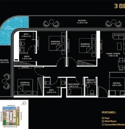 3 Bedroom floor plan Type D in Bayz by Danube