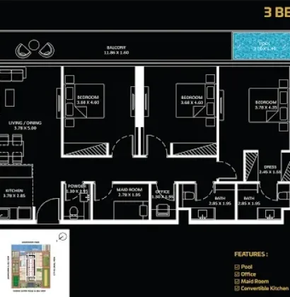 3 Bedroom floor plan in Bayz by Danube