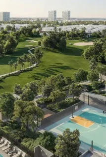 Basketball ground with lush green hills at golf point emaar south