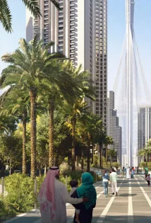 People walking at the roads of Creek Gate Tower 2 at Dubai Creek Harbour