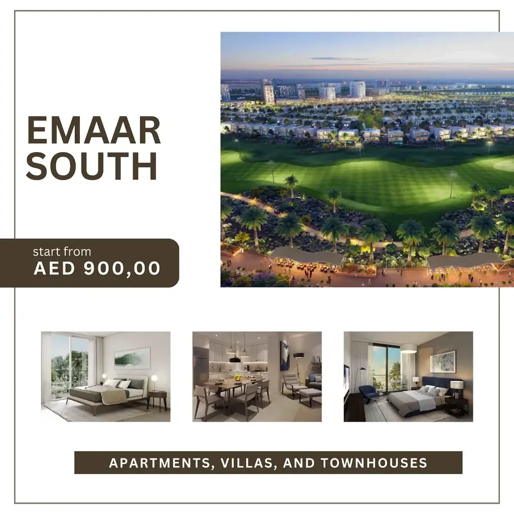 Advertisement for Emaar South featuring apartments, villas, and townhouses starting from AED 900,000, with a backdrop of a landscaped golf course and modern residences.