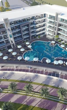 swimming pool with residential tower at Dubailand