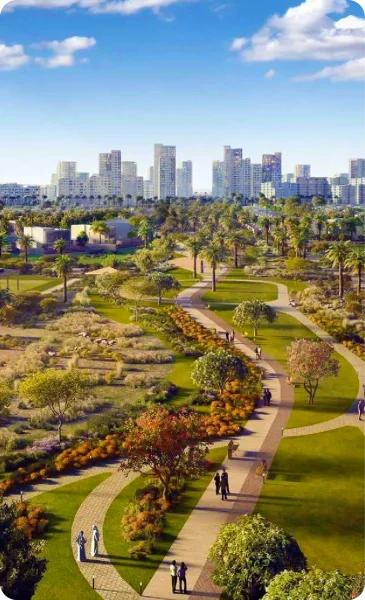 lush green area with buildings in background