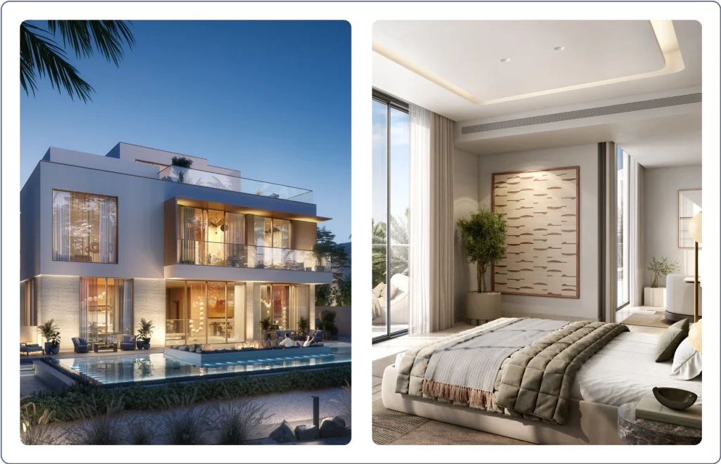 exterior and interior view of the villas in Mirage Oasis