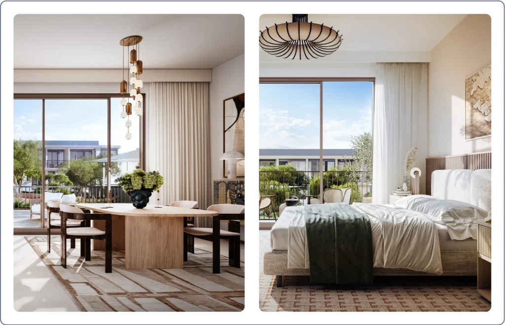 Inside the bedroom and dining area of townhouse