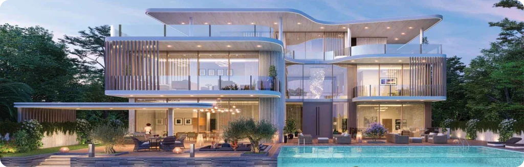 A contemporary, multi-level villa with a curved design, large windows, and a swimming pool.