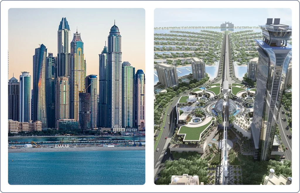 The view of skyscrappers of Dubai from palm Jumeirah community