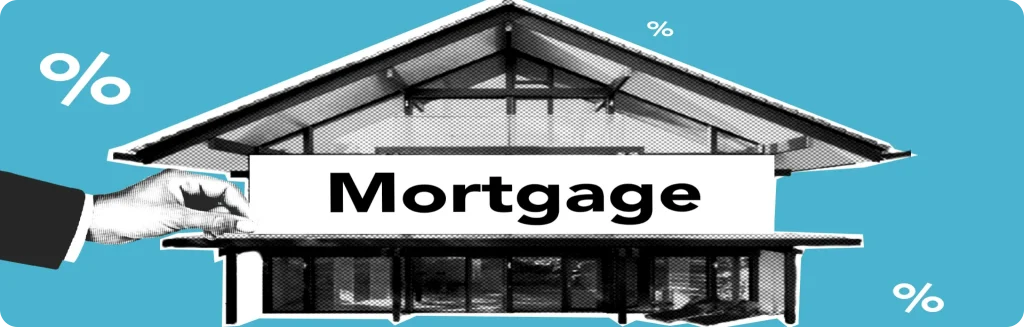 Illustration of a house with the word "Mortgage" and percentage symbols, representing home loans and financial concepts.