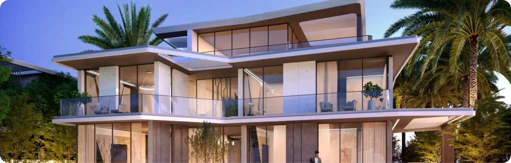 A contemporary, multi-level villa with a curved design, large windows, and a balcony.