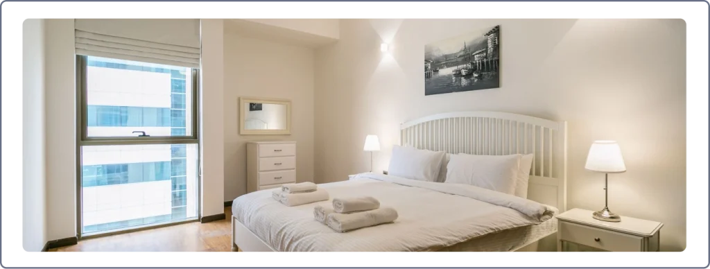 elegant bedroom interior of Shoreline Apartments