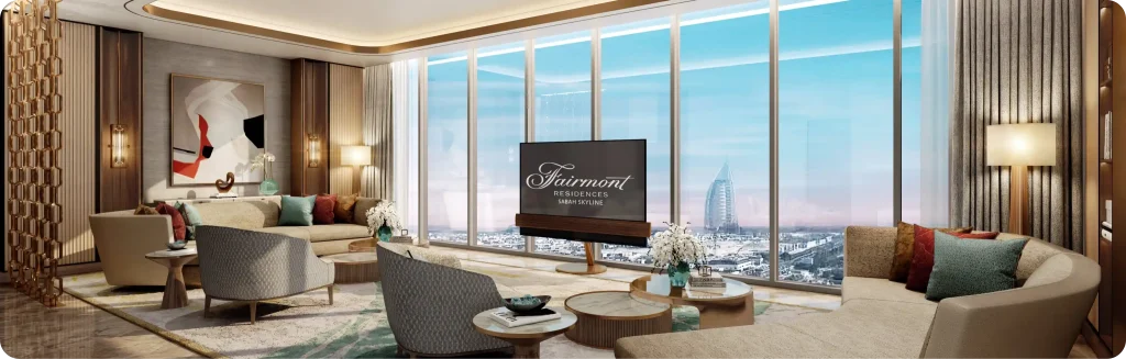 Luxurious living room with modern furnishings, large windows offering a stunning view of Dubai's skyline and iconic Burj Al Arab.